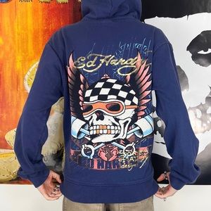 Ed Hardy Skull and Wings Navy Blue Zip-Up Sweater / Boys XL fits Women's XS